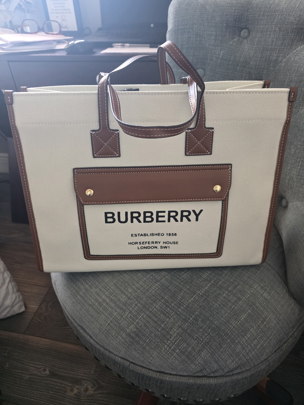 Cream Canvas Tote with Brown Leather Trim